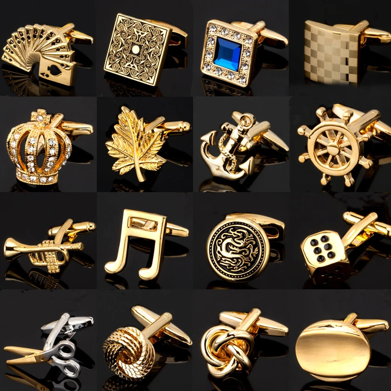 Golden CUFFLINKS NEW dice maple leaf music playing card Golden Dragon Cufflinks men\'s Wedding Shirt badge pin gifts wholesale