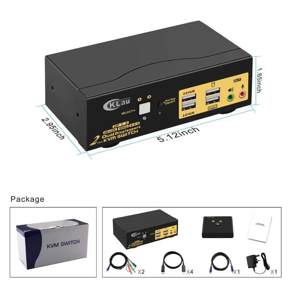 2Port Dual Monitor Displayport Kvm-switch, Extended Display, 4K @ 60Hz, 4:4:4, met Audio En Usb Hub