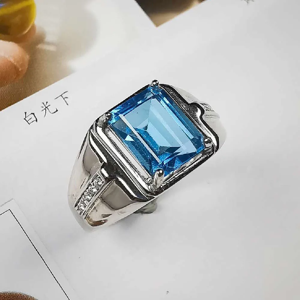 Fashion Square Blue Crystal Topaz Gemstones Diamonds Men\'s Finger Rings White Gold Silver Color Jewelry Cool Accessories Gifts