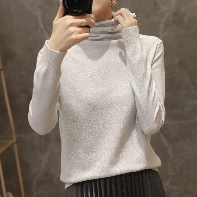 2023 Fall Winter New Pile Collar Women\'s Turtleneck Sweater Long Sleeves All-match Tops Bright Yarn Inner Knit Bottoming Shirt