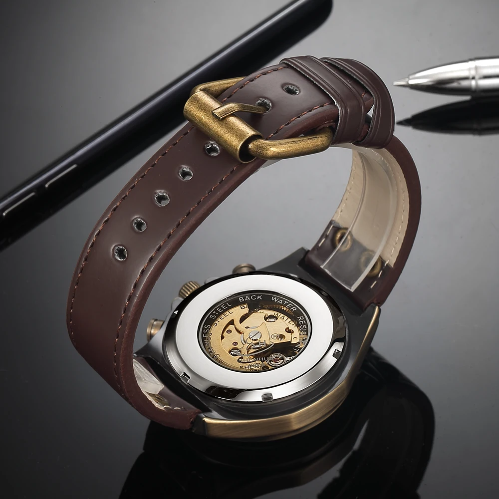 Reloj mecánico automático para hombre, pulsera de cuero, estilo Retro, Steampunk