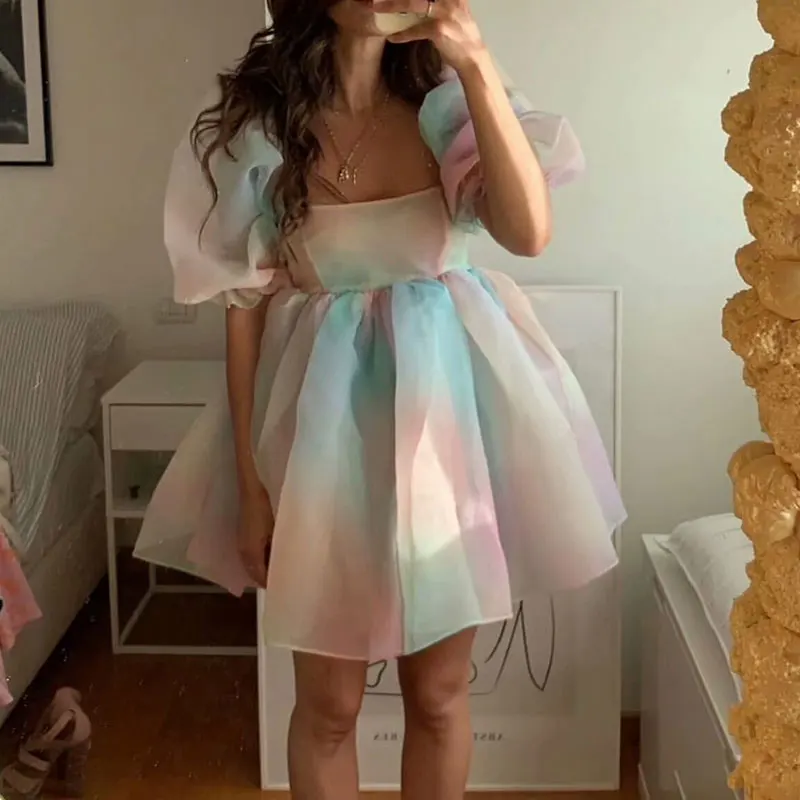 Robe tutu de princesse en tulle à manches bouffantes pour femmes, col carré, maille à volants, jupe bulle, mariage, soirée, Rh, mini robe dégradée