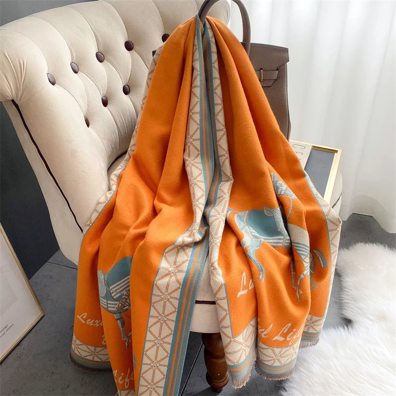 New Woman Fashion European And American Style Horse Pattern Printing Cashmere Shawl Multifunction Warm Scarf Gift