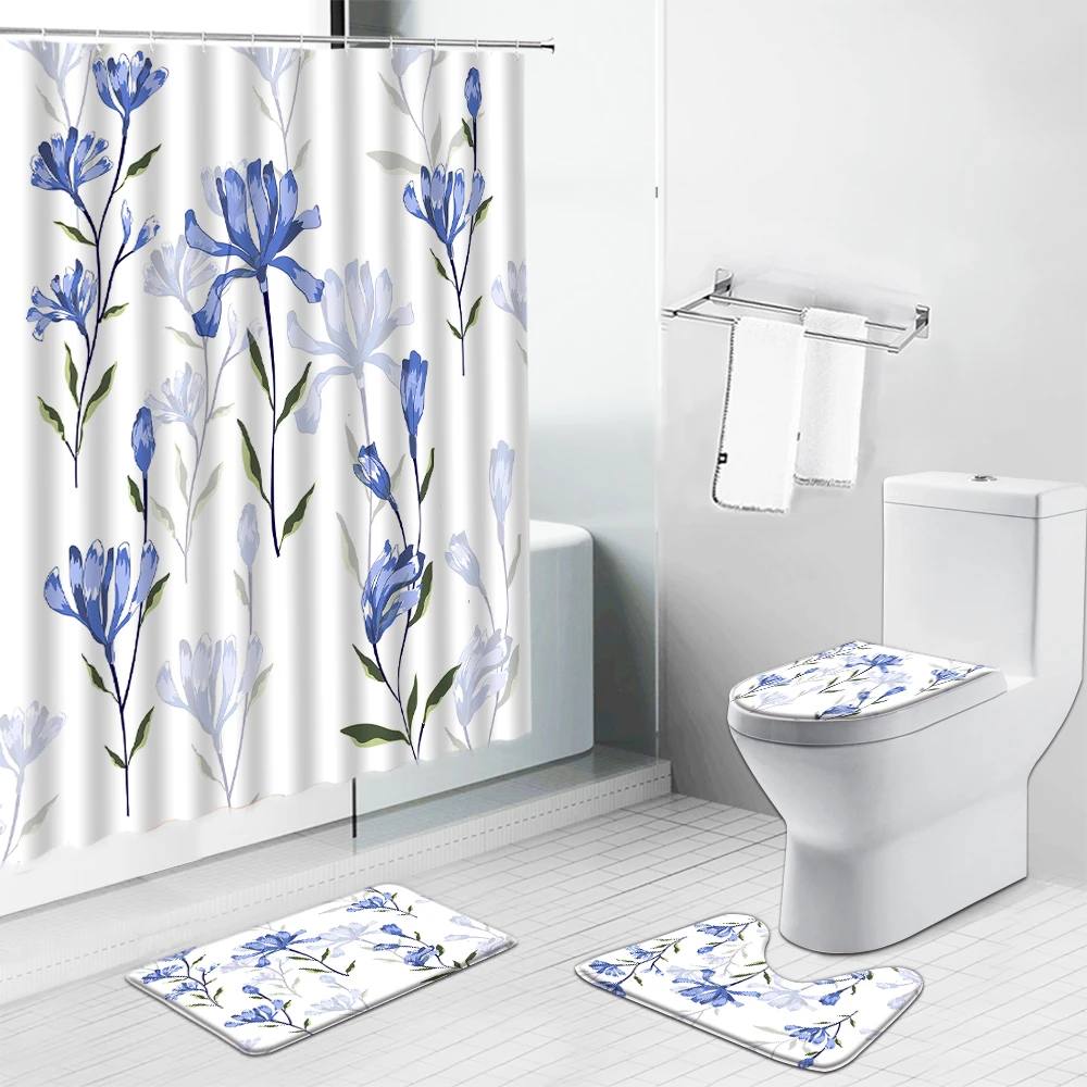 Tende da doccia a fiori viola tappetino da bagno tappeto antiscivolo tappeto floreale ad acquerello vasca da bagno schermo del water Set di decorazioni per il bagno con ganci