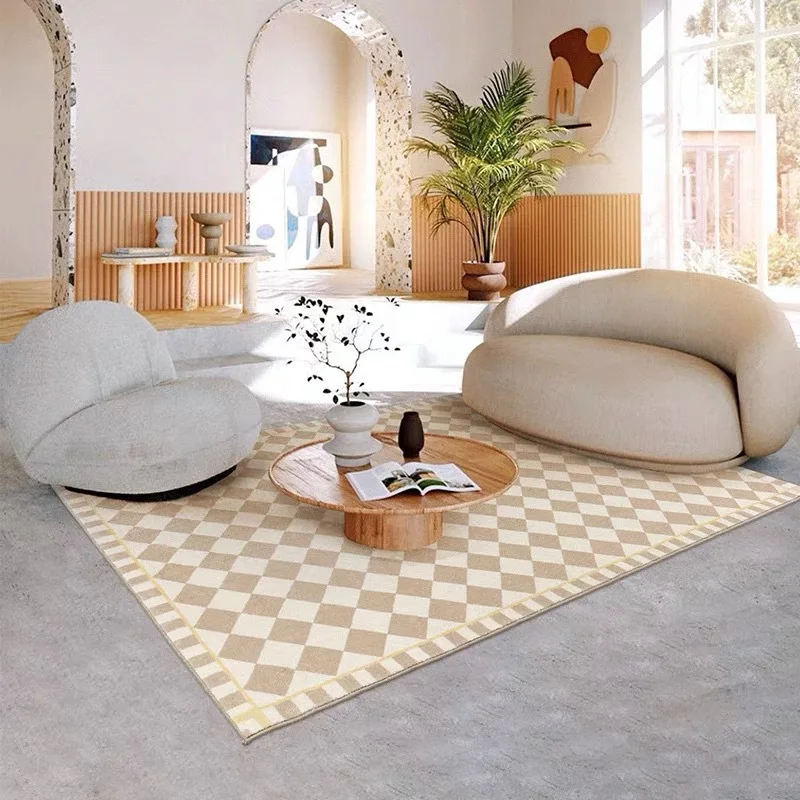 French Medieval Carpet Living Room Checkerboard Short Wool Tea Table Carpet Bedroom Ins Style Light Khaki Grid Nordic Floor Mat