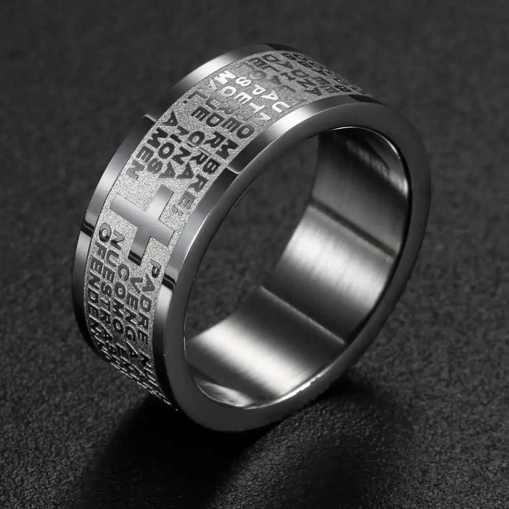 Fashion Mens 316L Stainless Steel Ring Spanish Lord\'s Prayer Bible Cross 8mm Band silver color anillos hombre mens jewellery