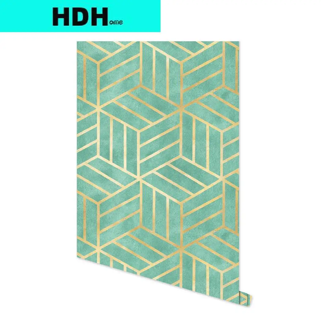 HDHome-Papier Peint Auto-Adhésif à Rayures Géométriques, Couleur Vert Clair et Or, Hexagone à Peler et Coller