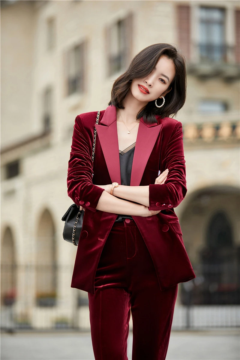 High Quality Velvet Formal Uniform Designs Pantsuits Elegant Wine for Women Business Work Wear Long Sleeve Autumn Winter Blazers