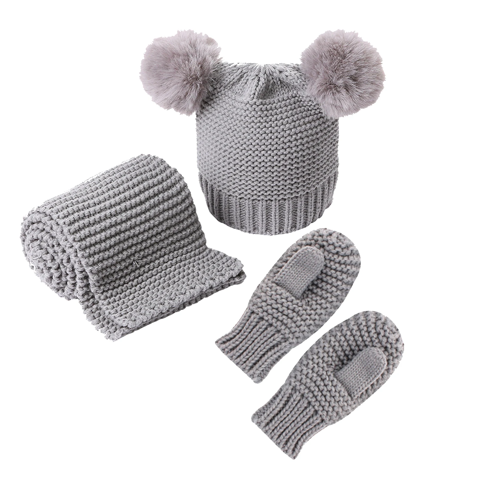 Children 3pcs Costume Set Autumn Winter Warm Solid Color Cap + Long Scarf + Gloves, Pink/ Grey/ Beige/ White/ Black