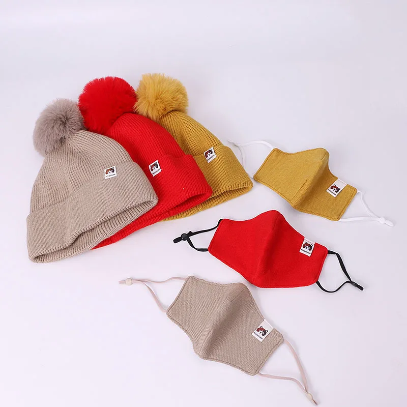 

2021 boy girl baby Autumn And Winter pompon hat with mask set children windproof outdoor warm knitted hat cap