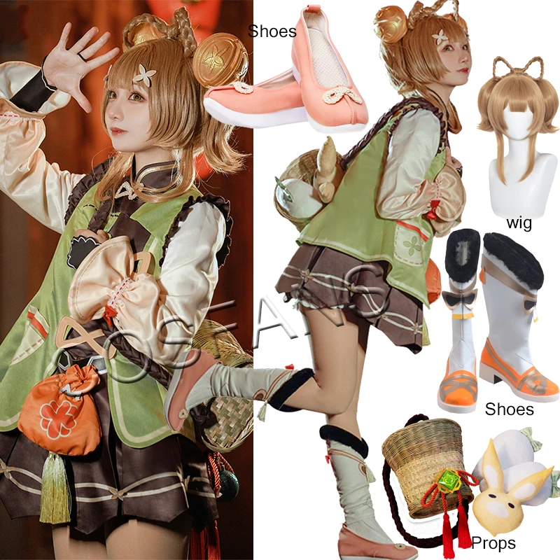 

Game Genshin Impact YaoYao Cosplay Costume Women Cute Lolita Dress Lovely Uniform Yao Yao Anime Suit Halloween Wigs and shoes