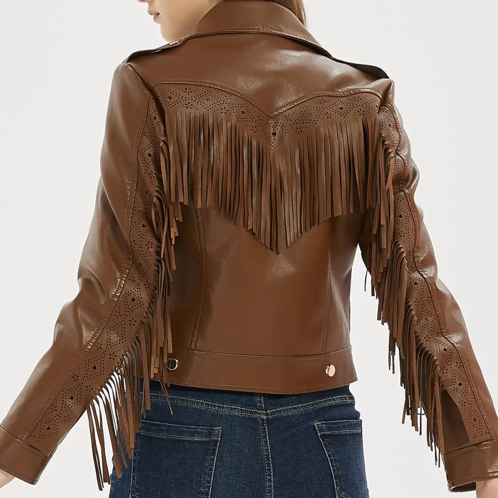 Women New Long Sleeve Back Brown Tassels Long Leather Tassels Jacket The Misfit Fringe Brand Slim Boyfriend Style PU Jacket Coat