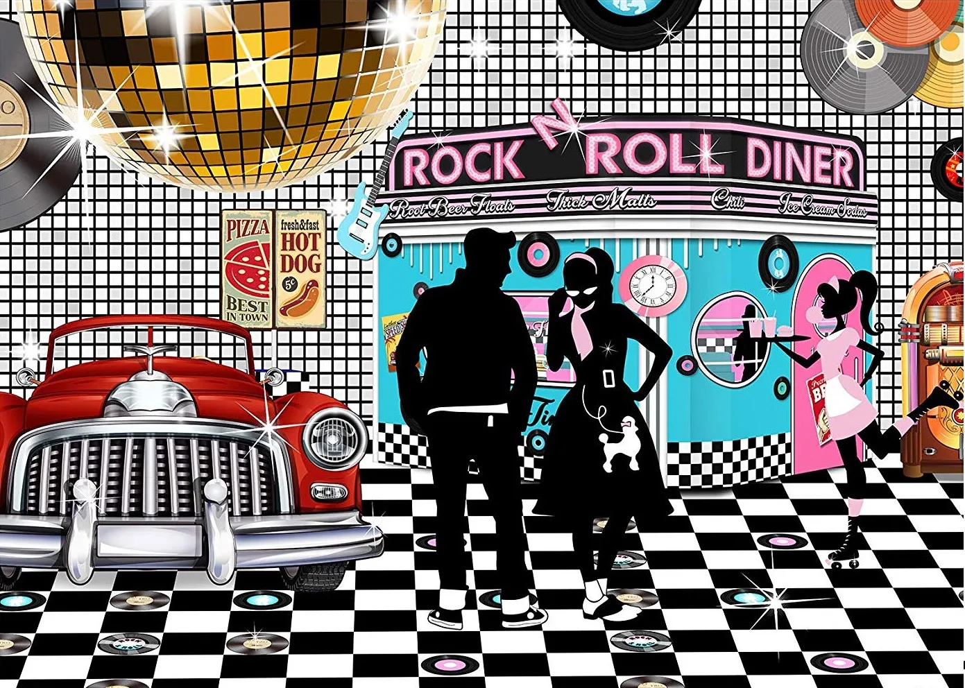 

50s 60s Diner Disco Rock Roll Ball Car Stage Checkered ecord Bar background High quality Computer print party backdrop