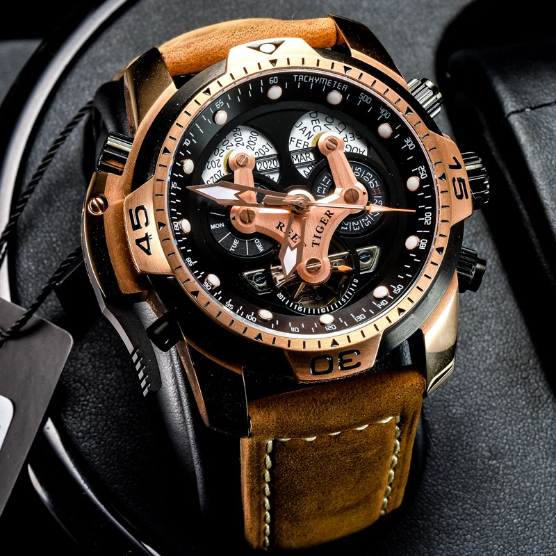 Reef Tiger/RT Military Watches for Men Genuine Brown Leather Strap Rose Gold Automatic Wrist Watch RGA3503