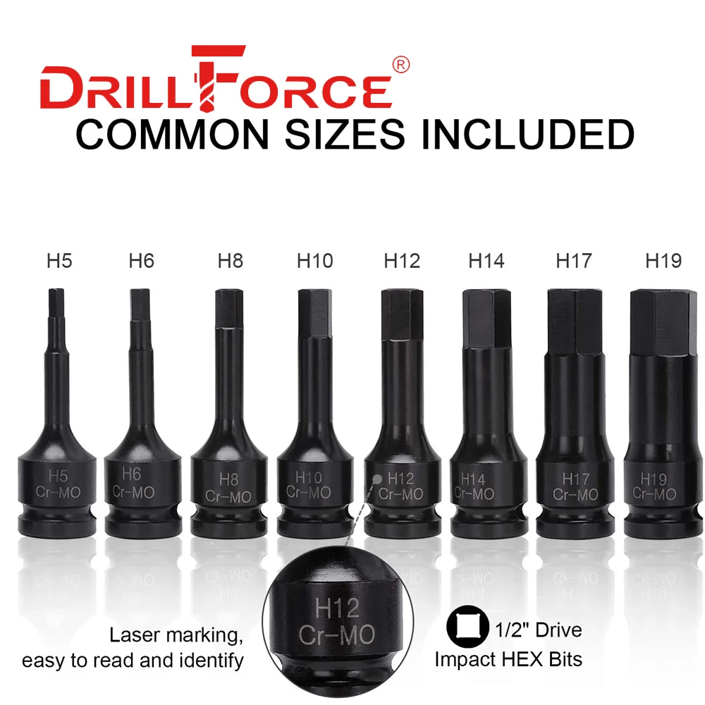 Drillforce 8 шт. Φ 1/2 "набор ударных шестигранных бит привода H5-H19 инструменты адаптера H5/H6/H8/H10/H12/H14/H17/H19