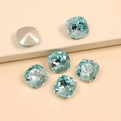 Aquamarine Color Cushion Cut K9 Fancy Crystal Pointback Nail Charms Rhinestones Super Bright Glass 3D Nail Art Gems