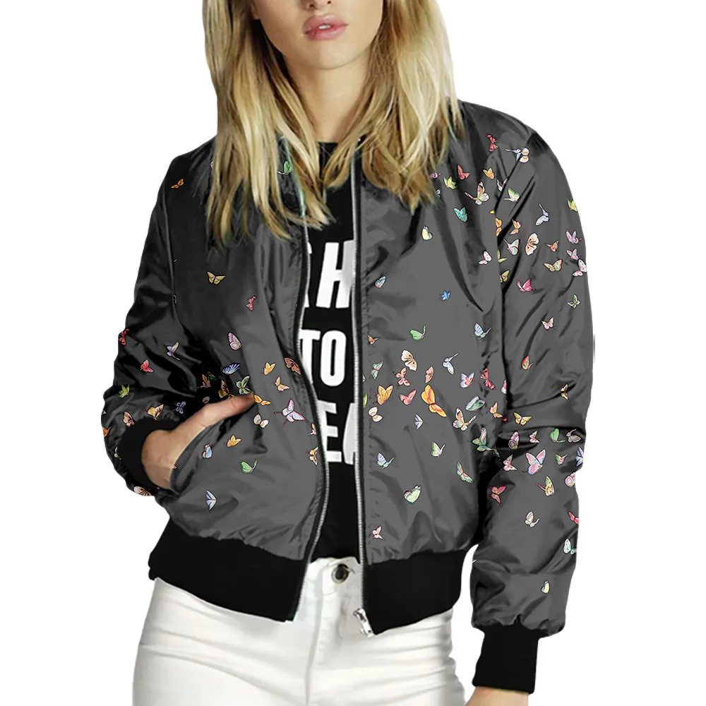 Women Jackets Retro Printed Ladies Zipper Up Bomber Outwear Autumn  Tops Long Sleeve Short Thin Slim Casual Pocket Biker Coats