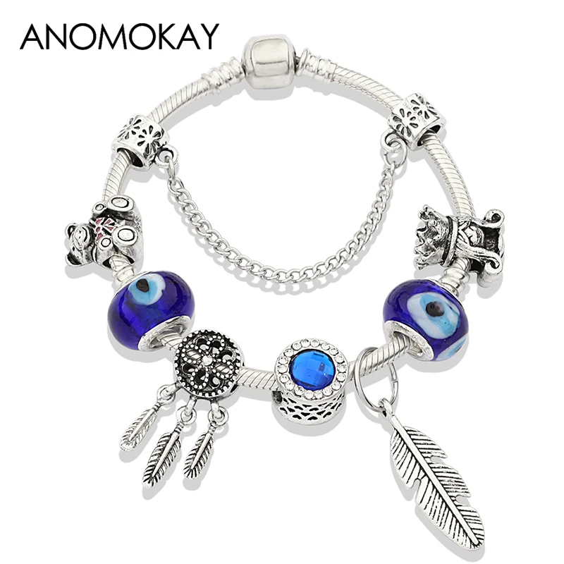 2019 Classic Simple Style Silver Plated Dream Catcher Diy Bead Bracelet Royal Blue Crystal Leaf Casual Charm Bracelets & Bangles