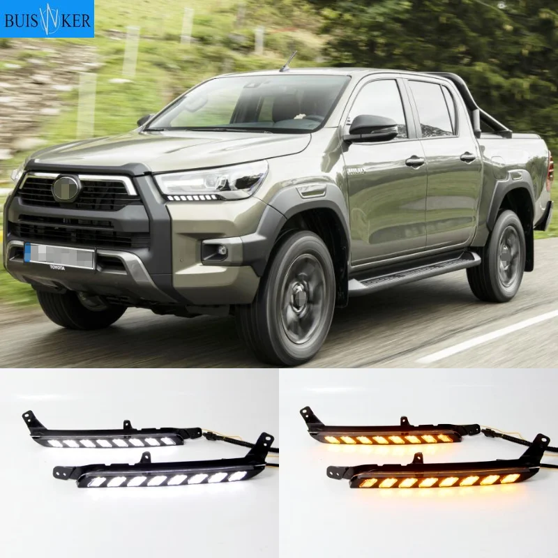 

1Pair Car LED headlight Daytime Running Light For Toyota Hilux Revo Rocco 2020 2021 Turn Yellow Signal DRL Daylight