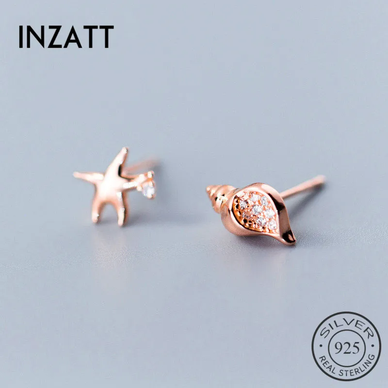 INZATT Real 925 Sterling Silver Zircon Conch Starfish Stud Earrings For Fashion Women Party  Asymmetry Fine Jewelry Cute Gift