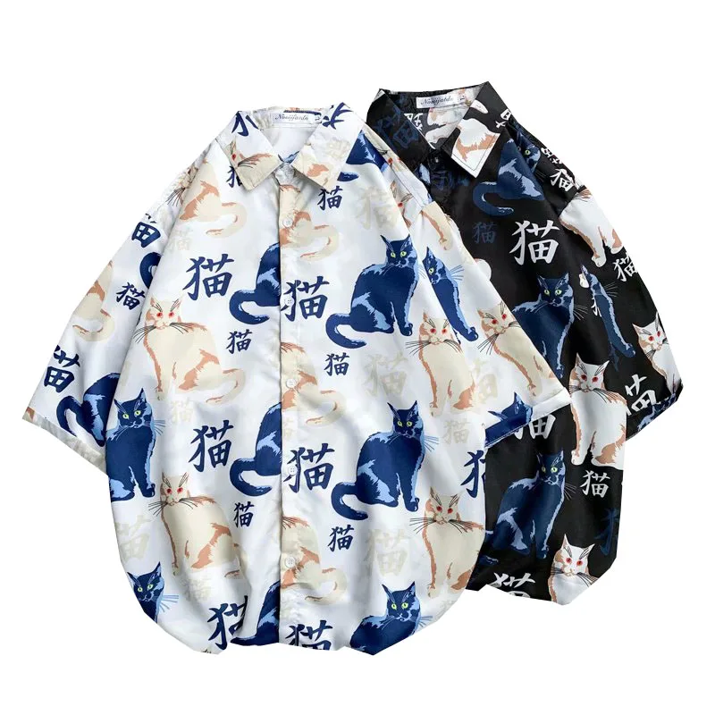 2020 Fashion Mens Short Sleeve Hawaiian Shirt Fast drying Plus Size Asian Size M-3XL Summer Casual Cute cat Beach Shirts For Men