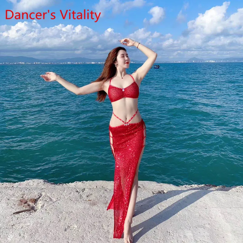 Belly Dance Suit New Set Exquisite Crystal Beads Covering Belly Professional Performance Costume Sexy Cutout Practice Clothing