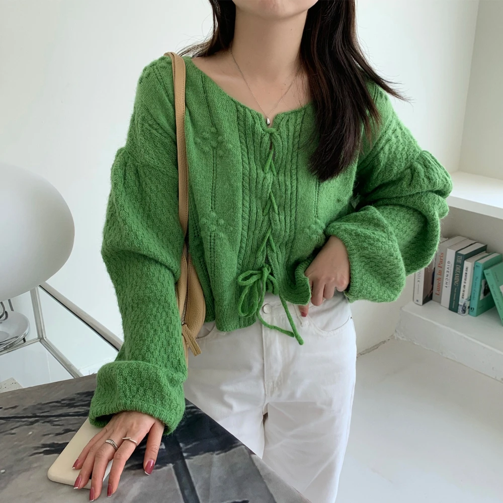 Vintage Autumn Knitted Bandage Cashmere Cardigan Sweater Women Short Loose Knit Outerwear Female