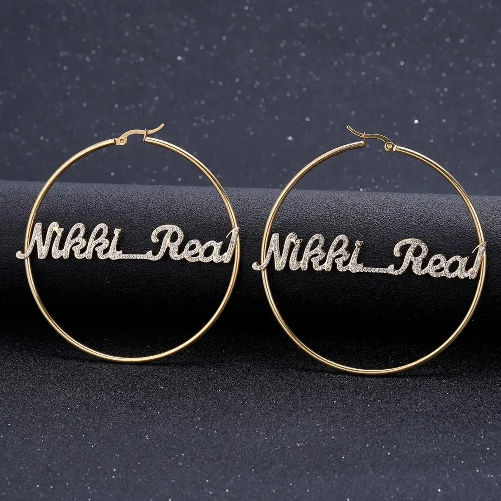 

Custom Iced Out Bling Jewelry Personalized Name Large Earrings For Women Hiphop Brincos Stainless Steel Big Circle Round