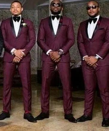 New Men Suits for Groom Wedding Tuxedos Prom Party Burgundy Groomsmen Outfits 3 Pieces (Jacket+Pants+Vest) Formal Costume Homme