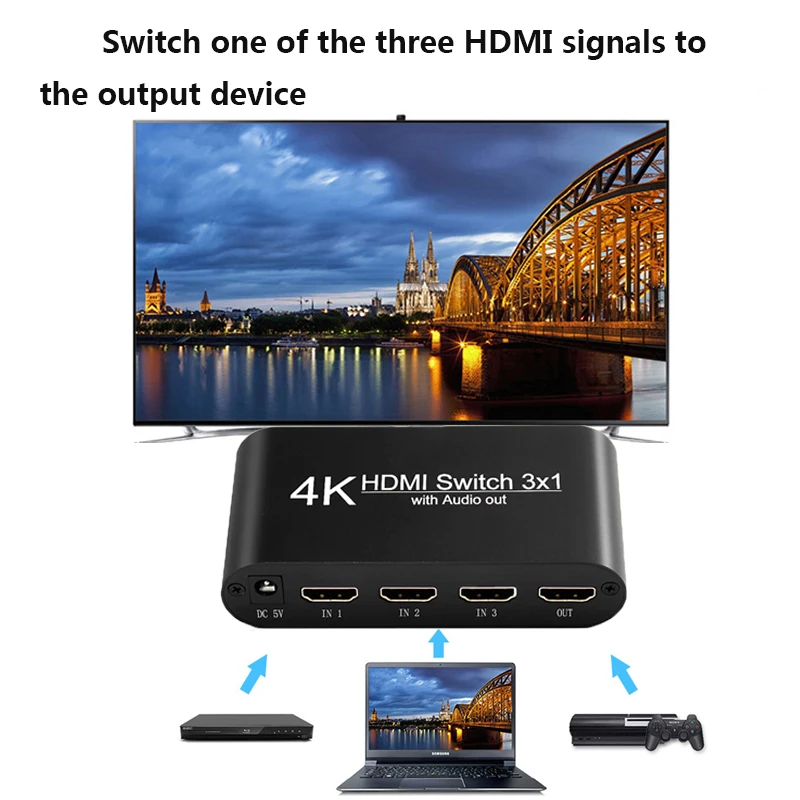 3x1 HDMI Switch with Audio Extractor Optical Toslink Output Support 4K 3D 1080P HDMI Switcher With Remote Control