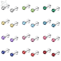 ZS 12 Pair/lot Colorful Cubic Zirconia Round Stud Earring Set For Women Children Stainless Steel Helix Conch Tragus Piercing 20g