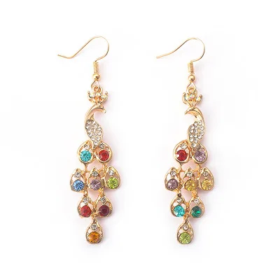 New fashion Vintage Multicolor Rhinestone Peacock Earrings For Women girl Accessories jewelry wholesale