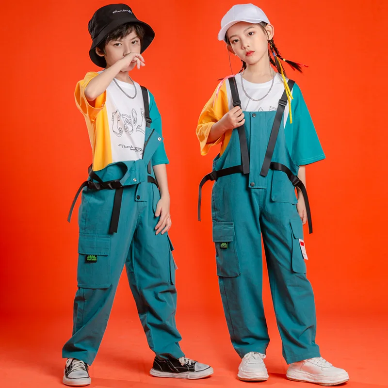 

Kid Cool Kpop Hip Hop Clothing Color Block T Shirt Top Streetwear Overalls Bib Pants for Girls Boys Jazz Dance Costume Clothes