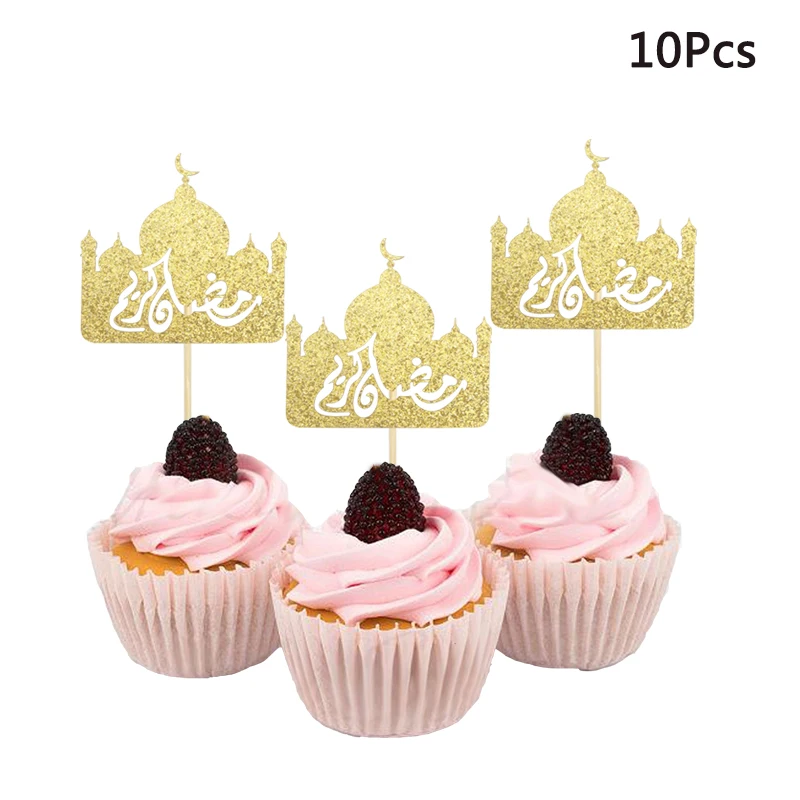 10Pcs Gold EID Mubarak Moon Castle Cupcake Toppers Ramadan Kareem Decor 2023 Islamic Muslim Party Eid al-Fitr Cake Home Supplies view 5