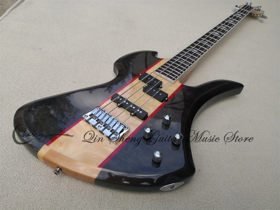 Transparent black bass, 4-string electric bass, solid wood body quilted maple top, high-quality bridge, SSS pickups, customizabl
