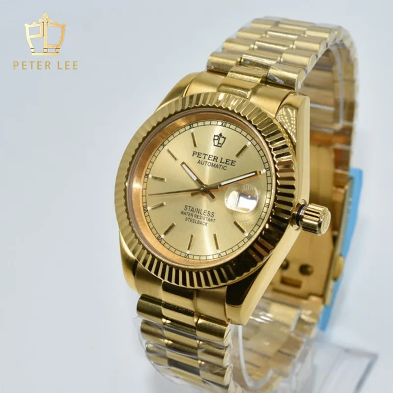 

Peter Lee Luxury Brand Stainless Steel Men Automatic Mechanical Gold Wristwatches Vintage Design Auto Date Watch Gifts For Dad