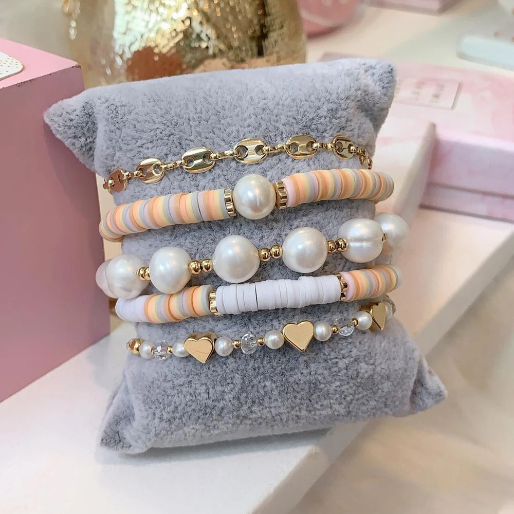 KKBEAD Real Pearls Bracelet Polymer Clay Beaded Women Jewelry Fall Winter Style Heishi Pearl Bracelets Heart Gold Color Chain