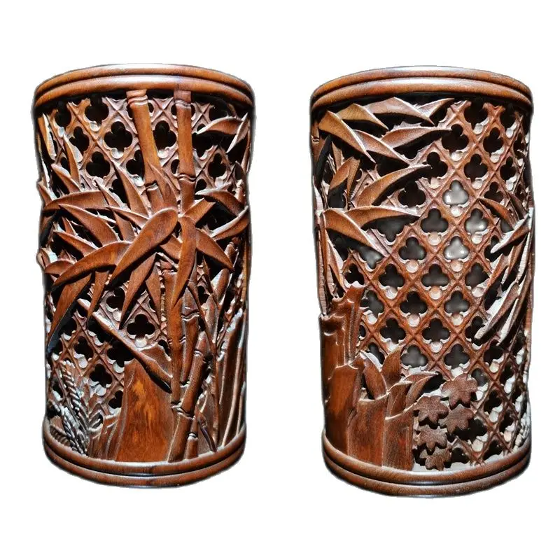 chinese bamboo carving antique carved brush pot pen case wood statue bamboo leaf sculpture Study statue livingroom office desk