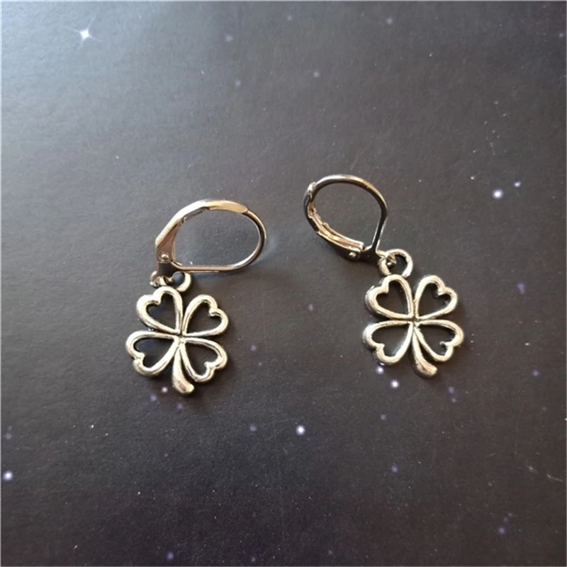 Four Leaf Clover Leverback Earrings, Clover Pendant Leverback Earrings, Lucky Earrings, Bohemia Jewelry