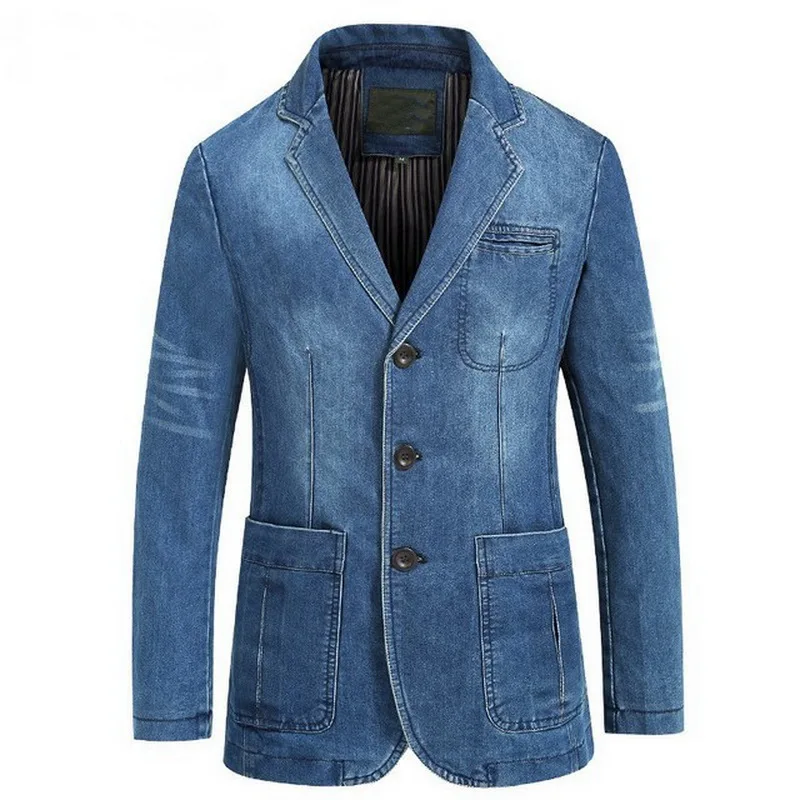 

Men's Denim Blazer Men Fashion Cotton Vintage Suit Jacket Male Blue Coat Denim Jacket Retro Denim Outwear Sized 5XL