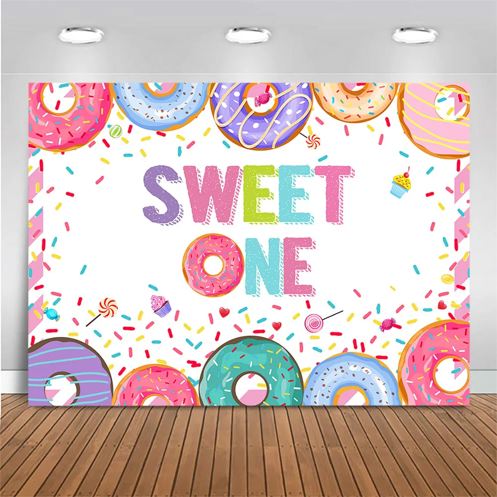 

Donuts Theme Sweet One Birthday Backdrop Donuts Candy Baby Kid 1st Birthday Party Decoration Photo Background for Photo Studio