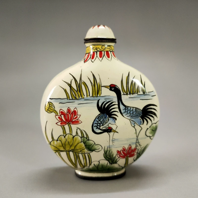 Elaborate Interesting Chinese Old Collection Home Decoration Enamel Double Mandarin Ducks and Cranes Snuff Bottle