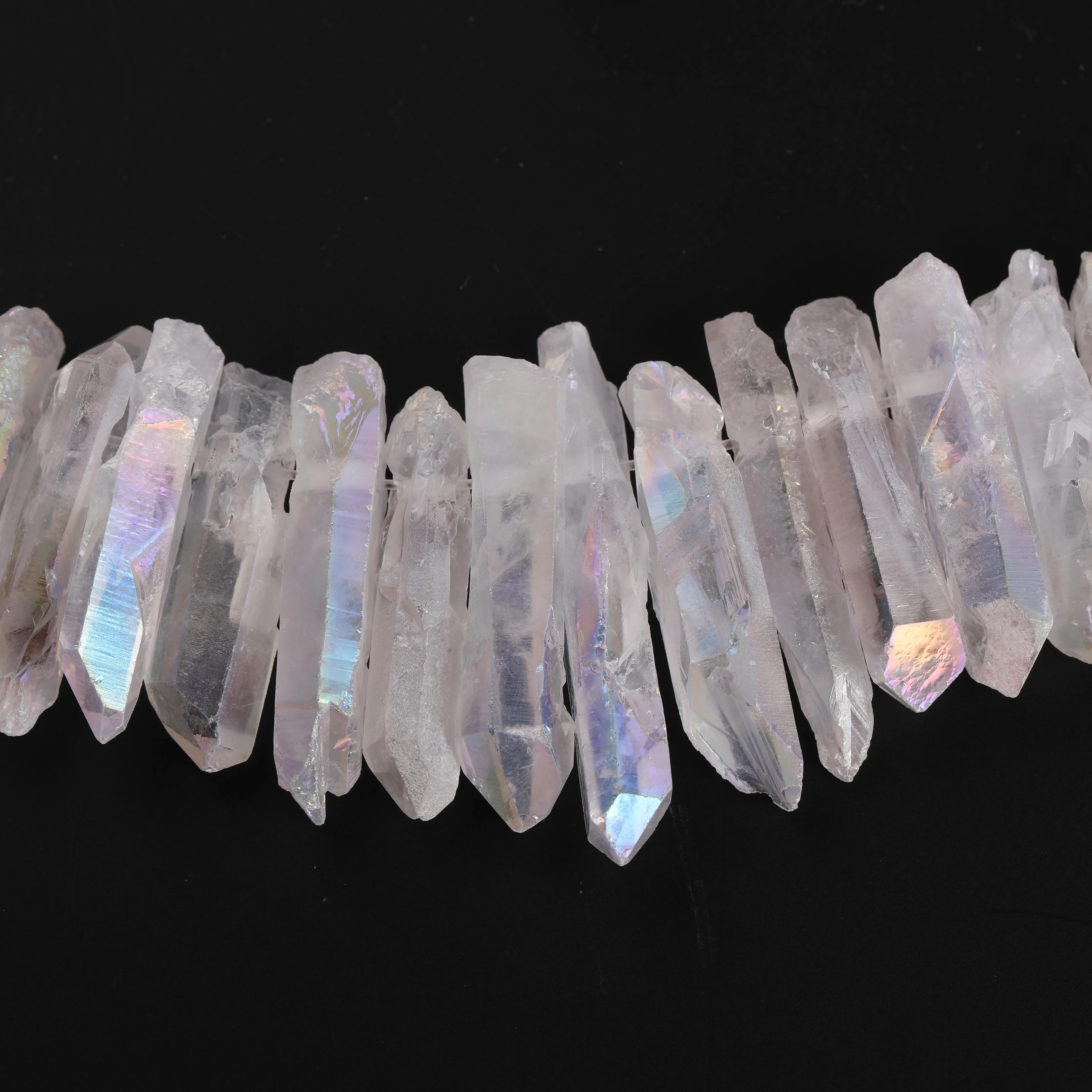 48Pcs/Strand Slab Rainbow Crystals Stick Points Beads Bulk,Drilled White Mystic Titanium Quartz Pendants