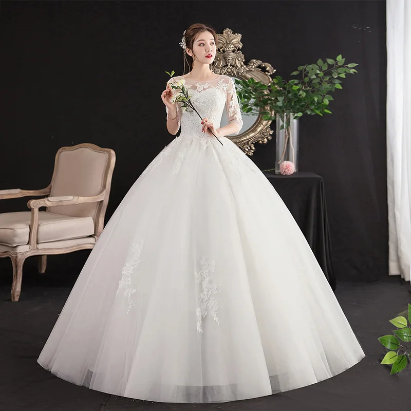 HMHS-085#Wedding Dresses Ball Gown Embroidery Lace up Ball Gown O-neck Half Sleeve Wholesale Bride getting married Dress Girls