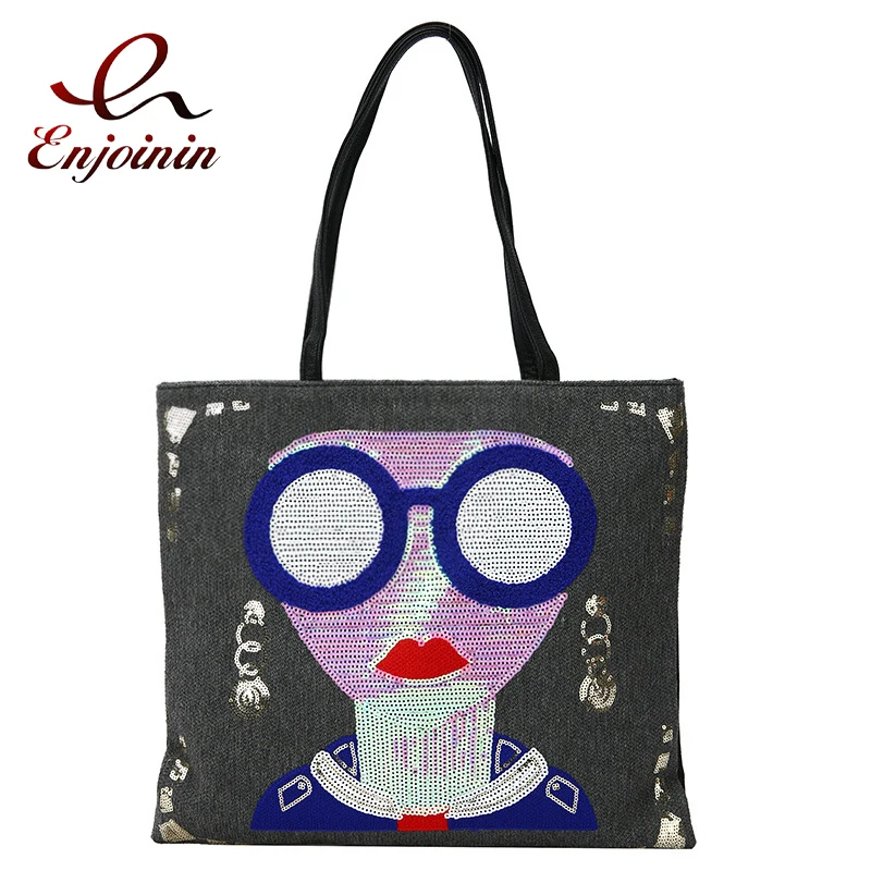 

Блестящая женская сумка для покупок с милым лицом, женские кошельки и сумочки, модная сумка на плечо, вместительные тоуты