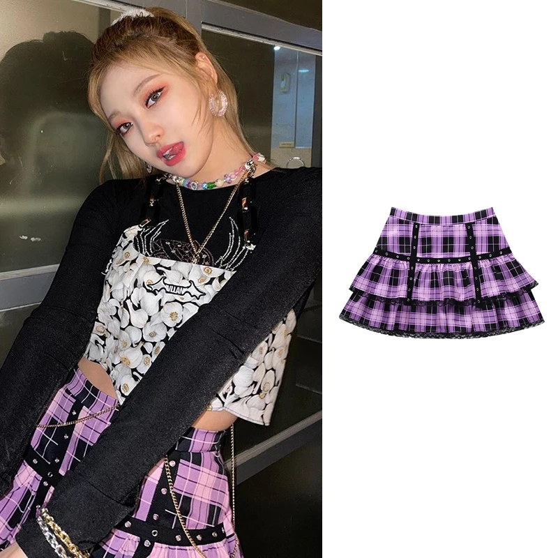 

K-pop Stage Outfit Women Plaid Skirts Jazz Dancewear Hip Hop Clothes Festival Clothing Cheerleader Costume Dancer Outfit JL4013