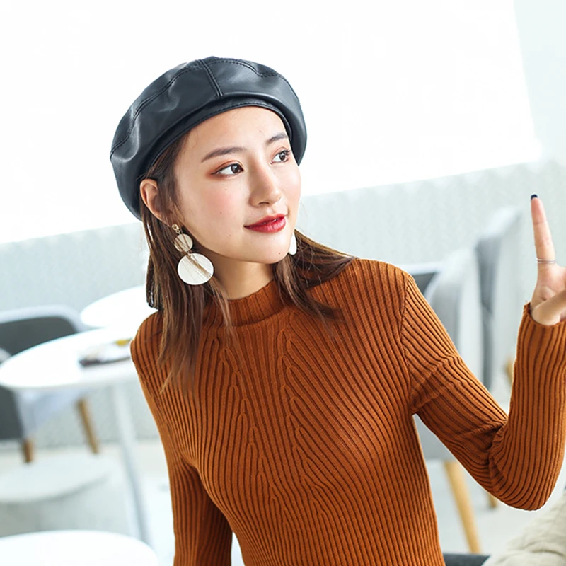 Wholesale Women Beret Hat Retro Vintage Womens Caps Genuine Leather Sheepskin Solid Red Orange White Black Autumn Winter Hat