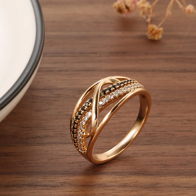 Kinel New Ring 585 Rose Gold With Black Natural Zircon Fashion Waves Rings for Women High Quality Daily Fine Vintage Jewelry