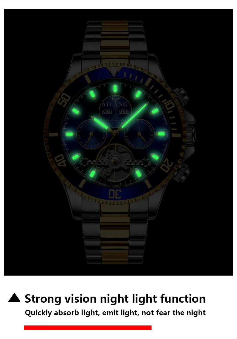 2021 Ailang Brand automatic winding mechanical Tourbillon men mechanical wristwatches waterproof fashion Luminous watch for men