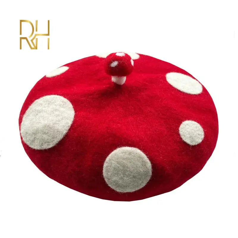 RH Ladies Cute Mushrooms Red Handmade Wool Felt Beret Creative Painter Hat Girls Birthday Gift Warm Cap For Autumn Winter